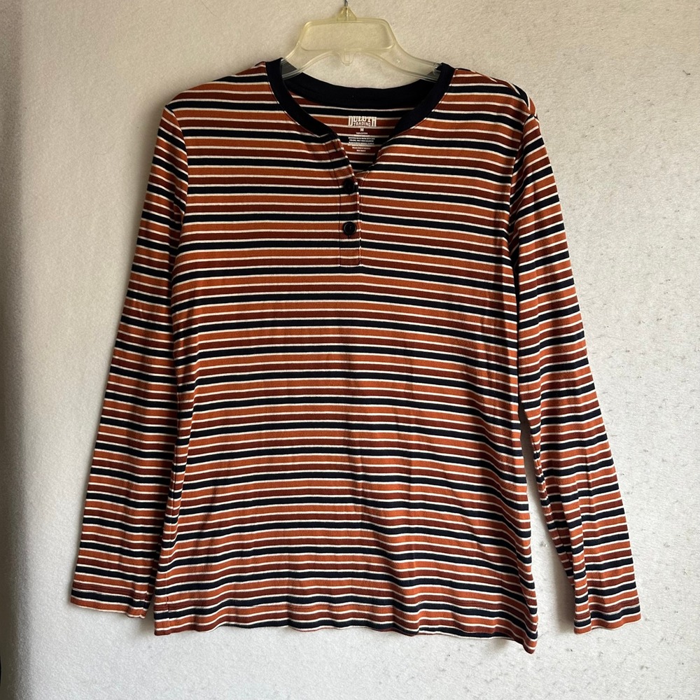 Duluth Trading Co Womens Striped Henley Long Sleeve Shirt Rust Navy Cotton M